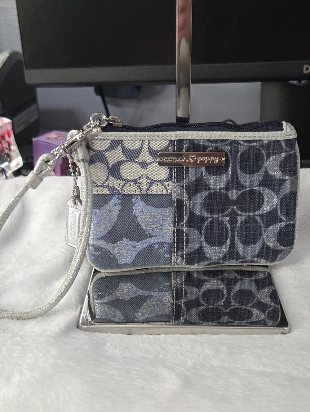 Coach Poppy Signature Denim Patchwork Wristlet in blue, gray, and silver- EUC